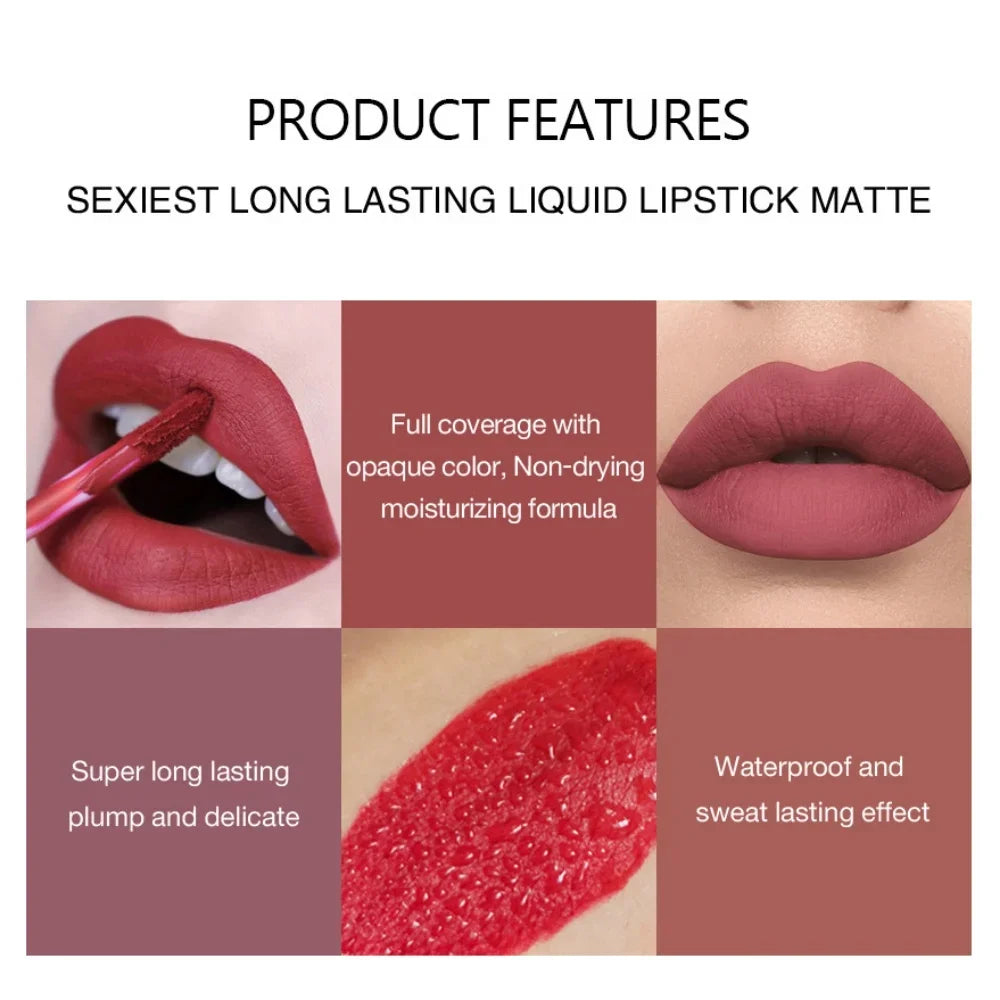 Sexy Long Lasting Velvet Matte Lip Gloss Liquid Lipstick Lip Makeup Women Beauty Red Nonstick Cup Waterproof Lip Gloss - Belle the Jour